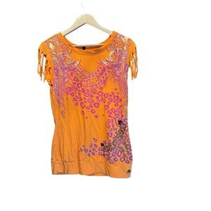 Vintage. Y2K. Eckored. Women’s Orange, Multicolored, Fringe Tee. Side Large.